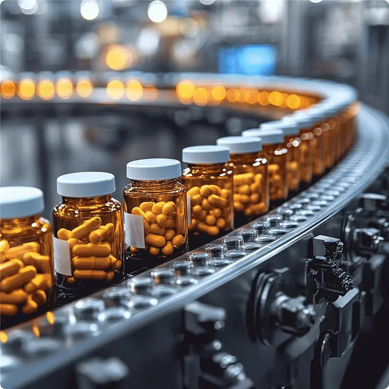 Capsules in jars on convor during manufacturing process