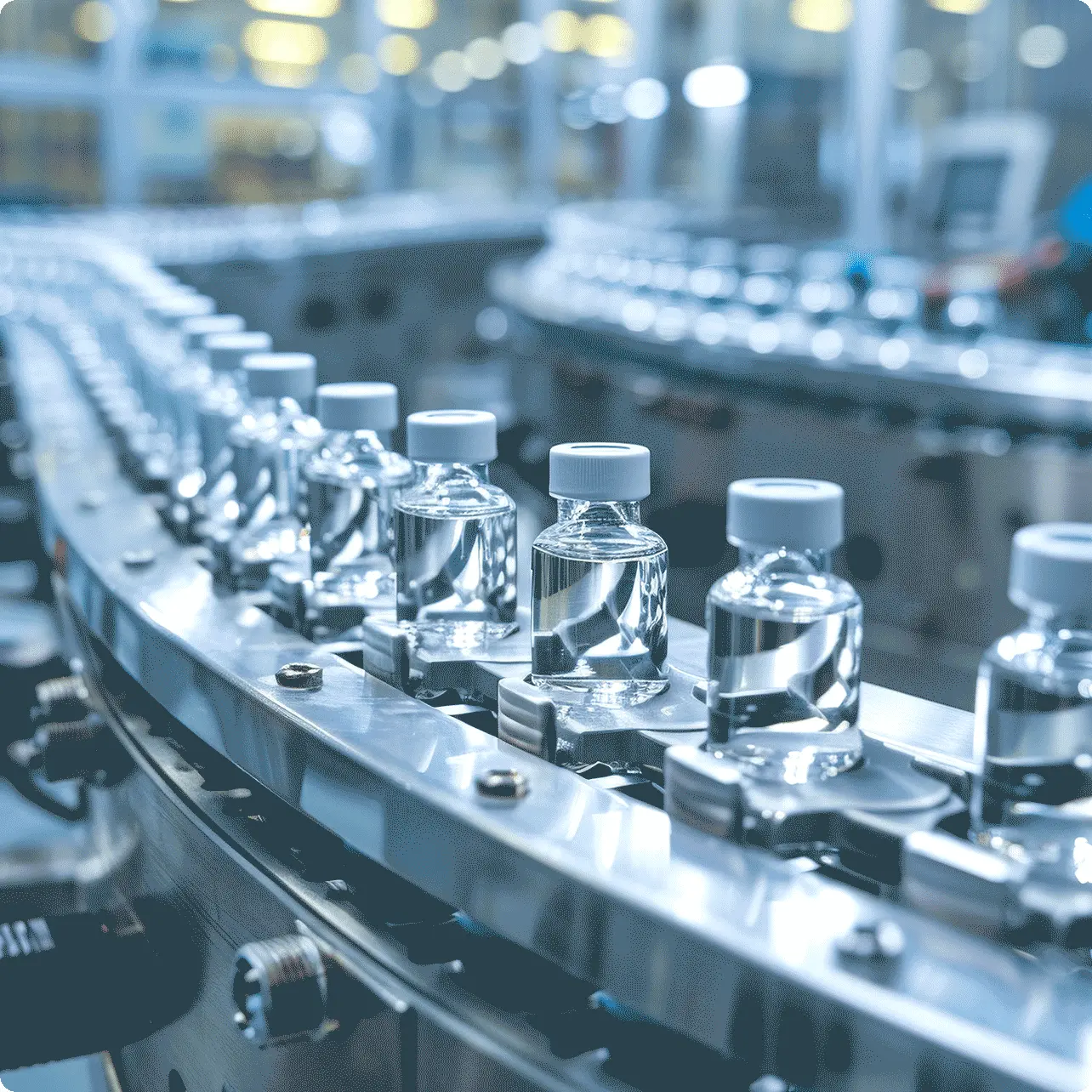 jars of clear liquid on conveyor during manufacturing process